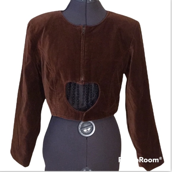 Vintage Jump Velvet Brown Jacket with Beaded Heart Cut Out Size Small - Picture 2 of 14